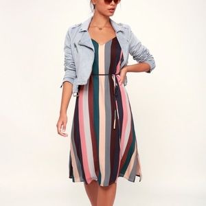 Erina Mauve Multi Stripe Belted Midi Slip Dress